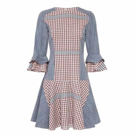 Badgley Mischka Collection Plaid & Striped Combo Flounce Plaid Day Dress Size 4 - Picture 1 of 11